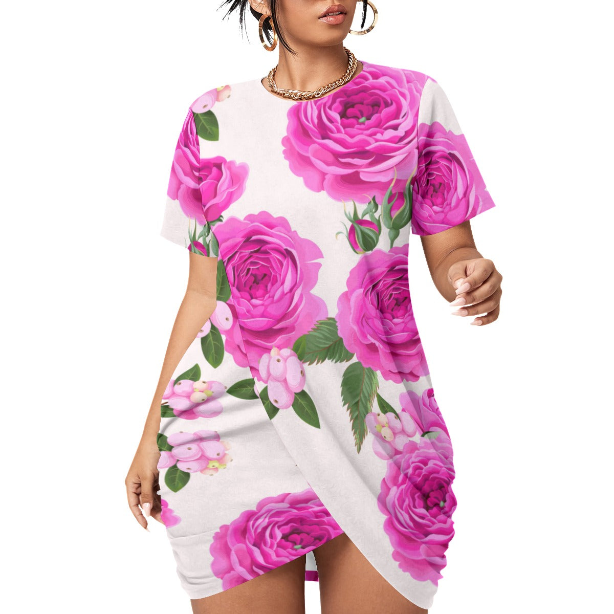 Cute Roses Women’s Stacked Hem Dress With Short Sleeve （Plus Size）