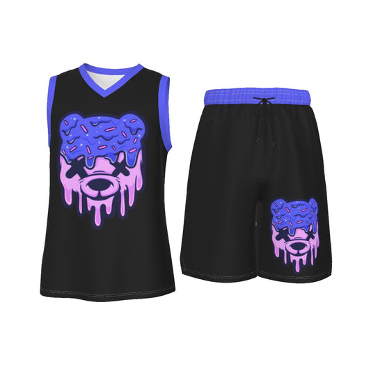 Blue & Purple Ice Cream Teddy Men's V Neck Basketball Suit