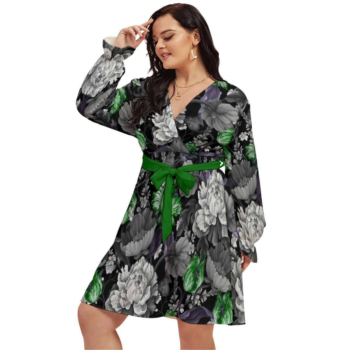 Green Vintage Tulips & Peonies Women's V-neck Dress With Waistband  (Plus Size)