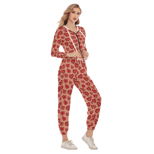 Cute Red Hearts Women's Crop Hoodie Sports Sets