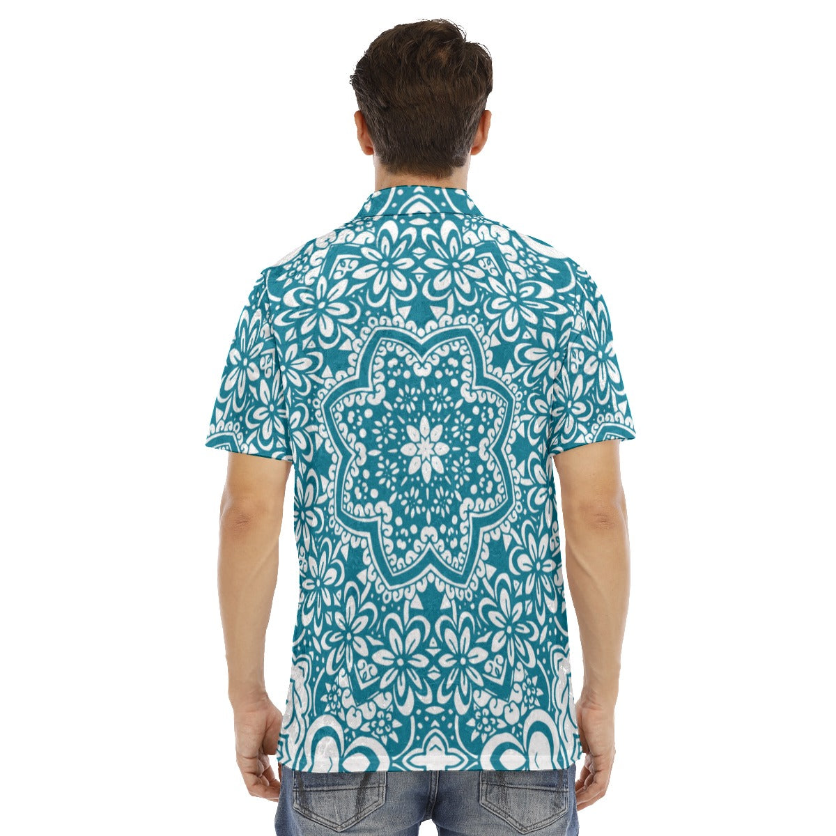 Teal Ethnic Flowers Men's Polo Shirt | Velvet