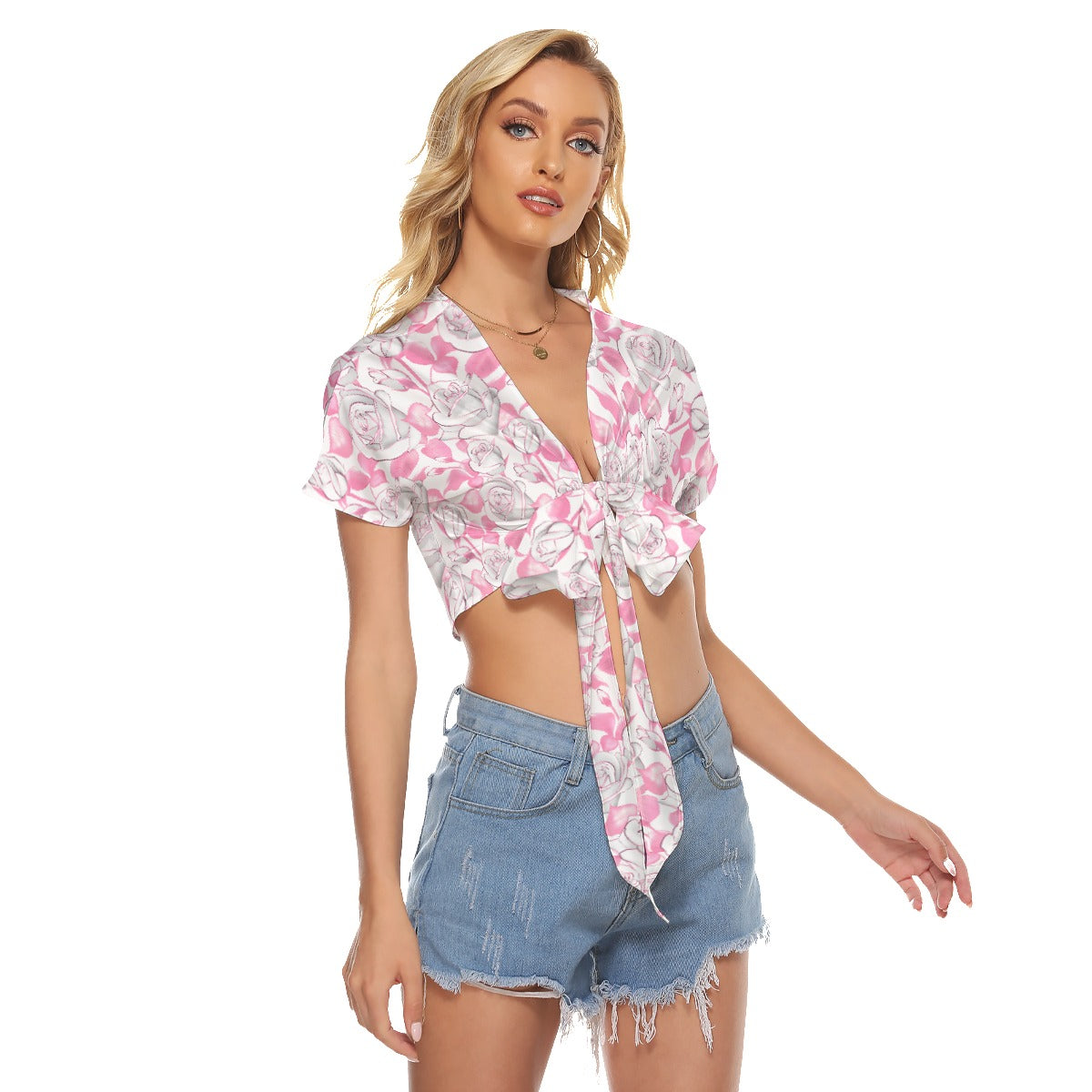 White Roses With Pink Leaves Women's Bandage Crop Top