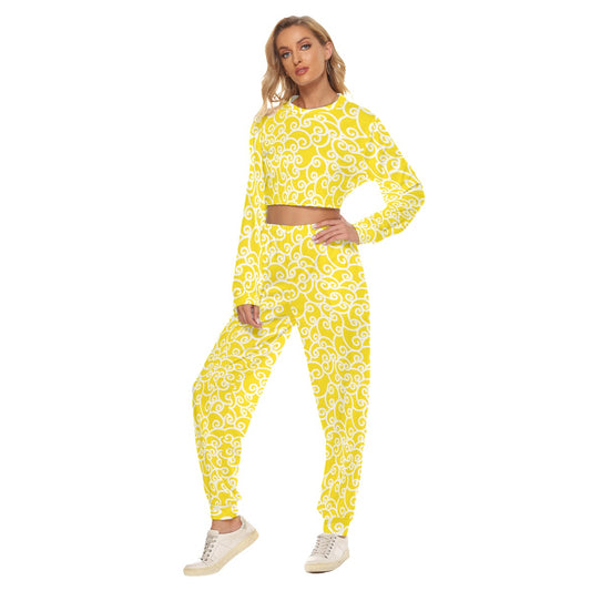 Yellow & White Curls Women's Crop Sweatshirt Suit