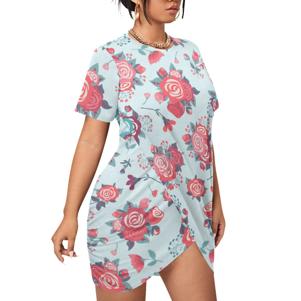 Cute Roses Women’s Stacked Hem Dress With Short Sleeve （Plus Size）