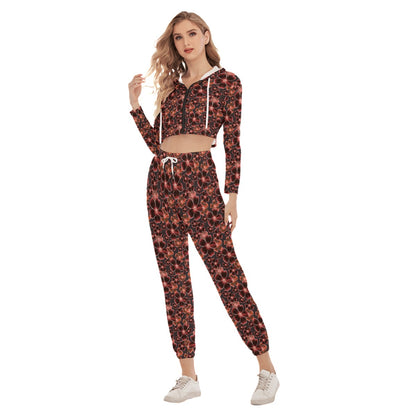 Red Flowers Women's Crop Hoodie Sports Sets