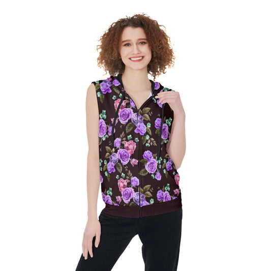 Purple Roses Women's Zip-up Sleeveless Hoodie