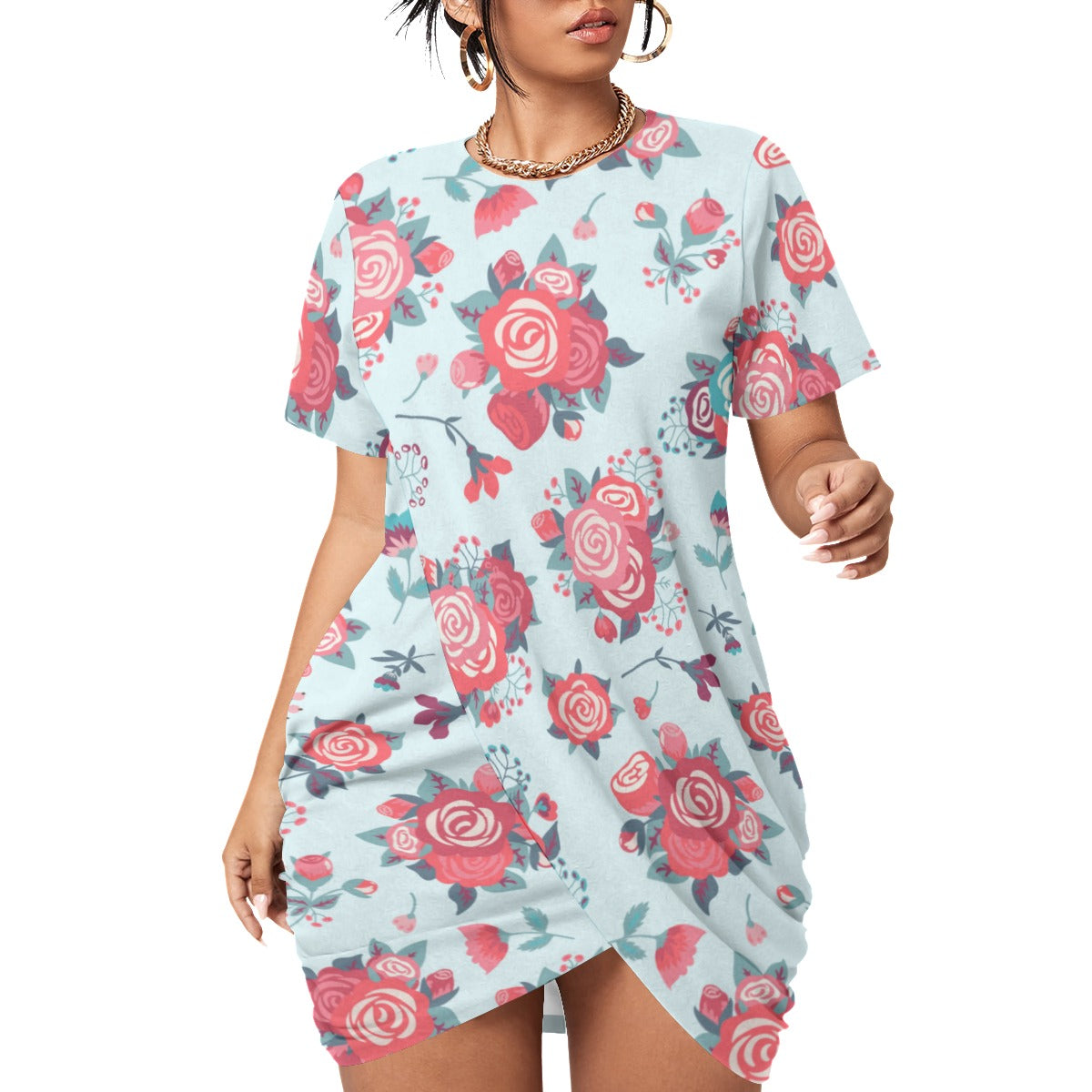 Cute Roses Women’s Stacked Hem Dress With Short Sleeve （Plus Size）