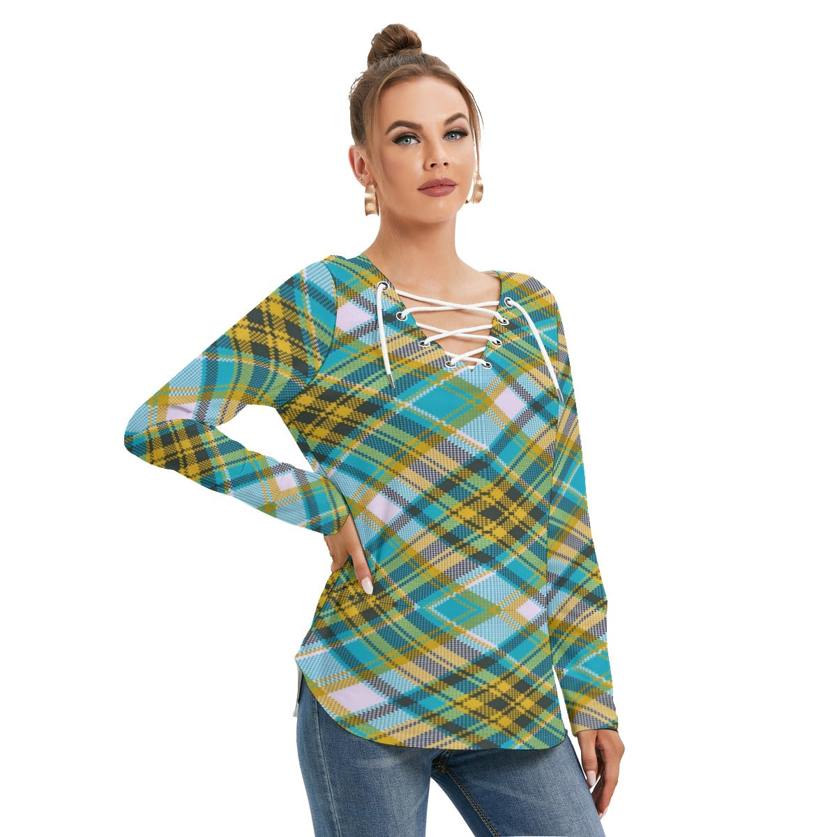 Women's Long Sleeve Colorful Plaid Neckline Tie Sweatshirt