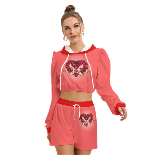 Red Heart With Roses Women's Mirco Fleece Hoodie And Shorts Set