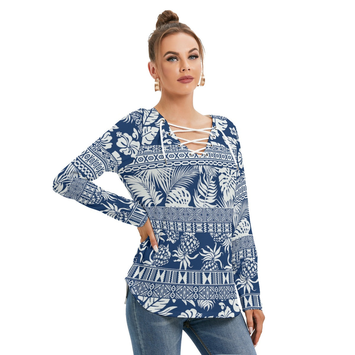 Hawaiian Style Women's Long Sleeve Neckline Tie Sweatshirt