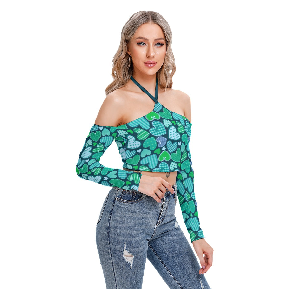 Cute Teal Hearts Women's Halter Lace-up Top