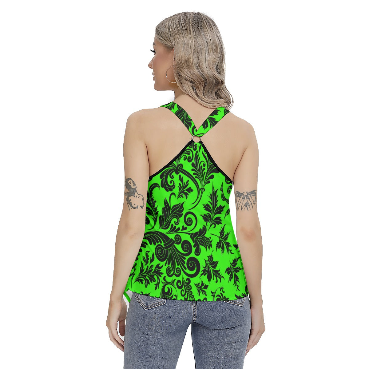 Elegant Green With Black Flowers Women's Skinny Sport Tank Top