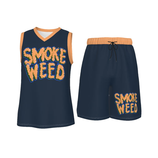 Navy Blue & Orange Smoke Weed Stoners Only Men's V Neck Basketball Suit