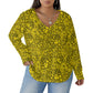 Women's Yellow Lace Style Roses V-neck T-shirt With Curved Hem(Plus Size)