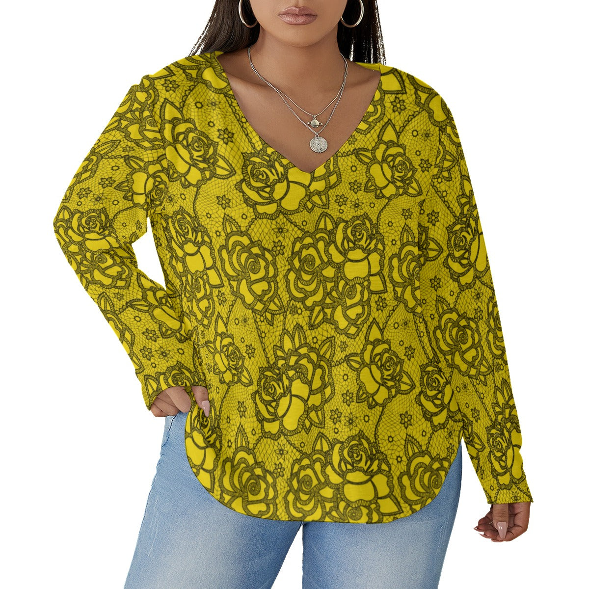 Women's Yellow Lace Style Roses V-neck T-shirt With Curved Hem(Plus Size)