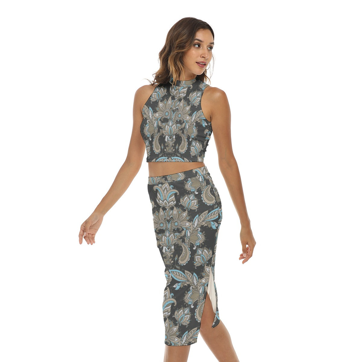 Royal Flowers Women's Tank Top & Split High Skirt Set