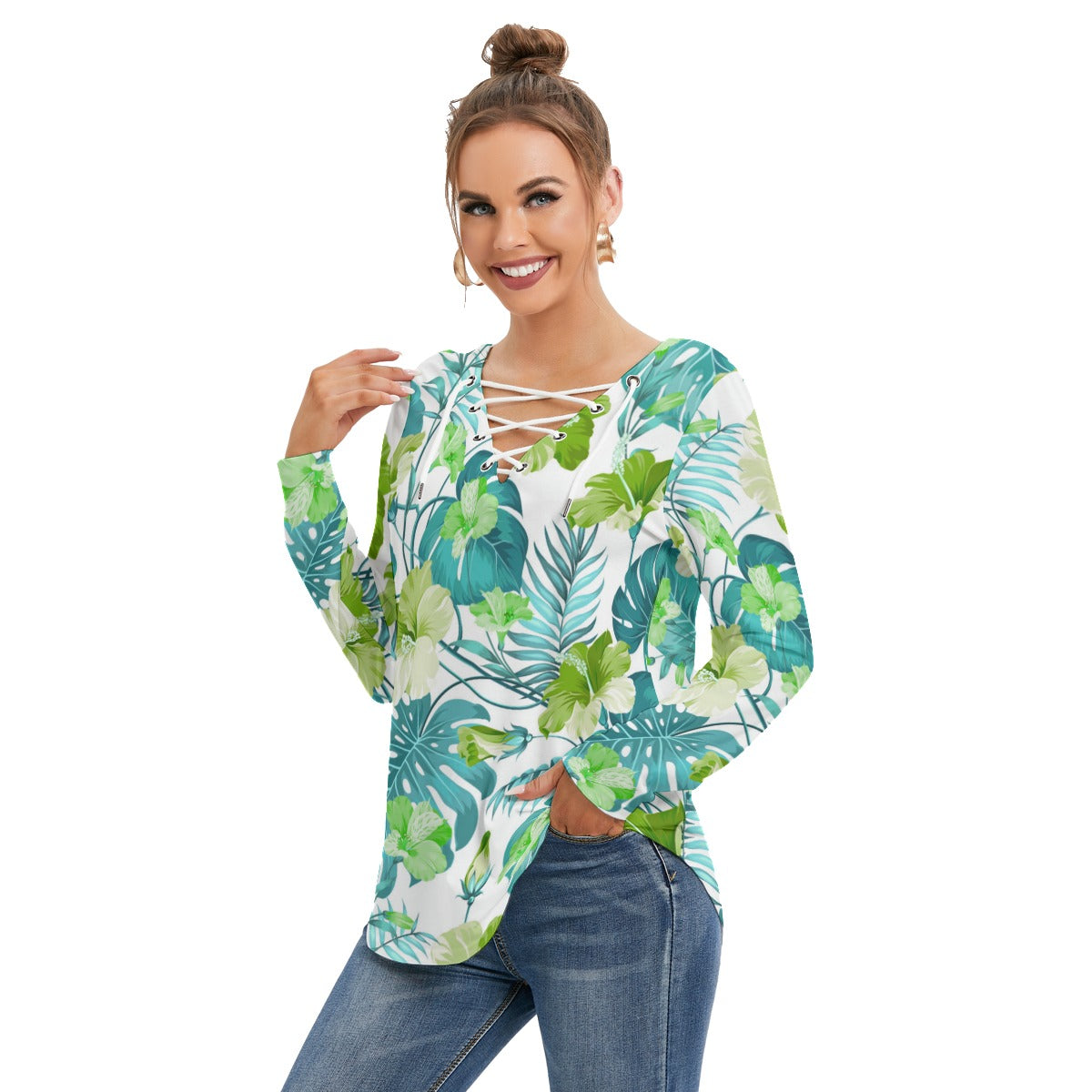 Tropical Flowers Women's Long Sleeve Neckline Tie Sweatshirt