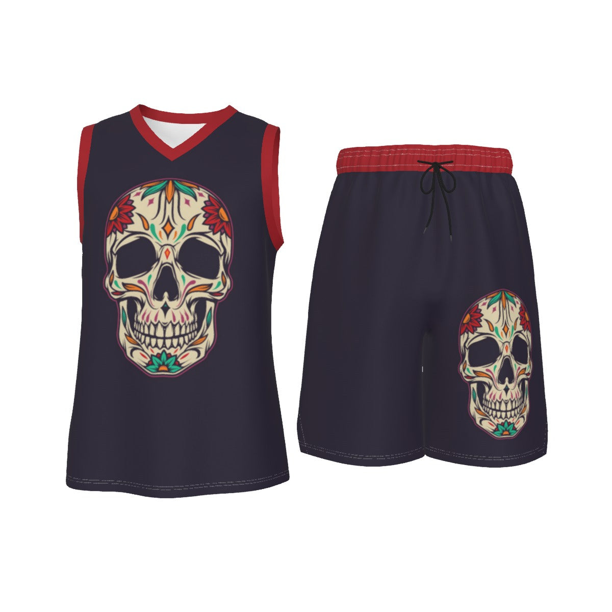 Sugar Skull Men's V Neck Basketball Suit