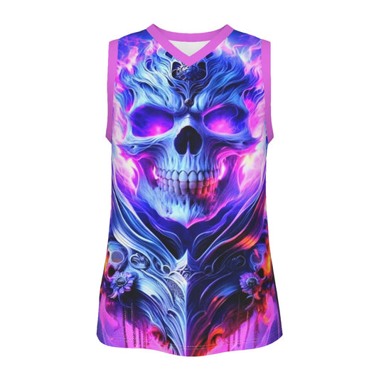 Men's Flaming Skull V Neck Basketball Top