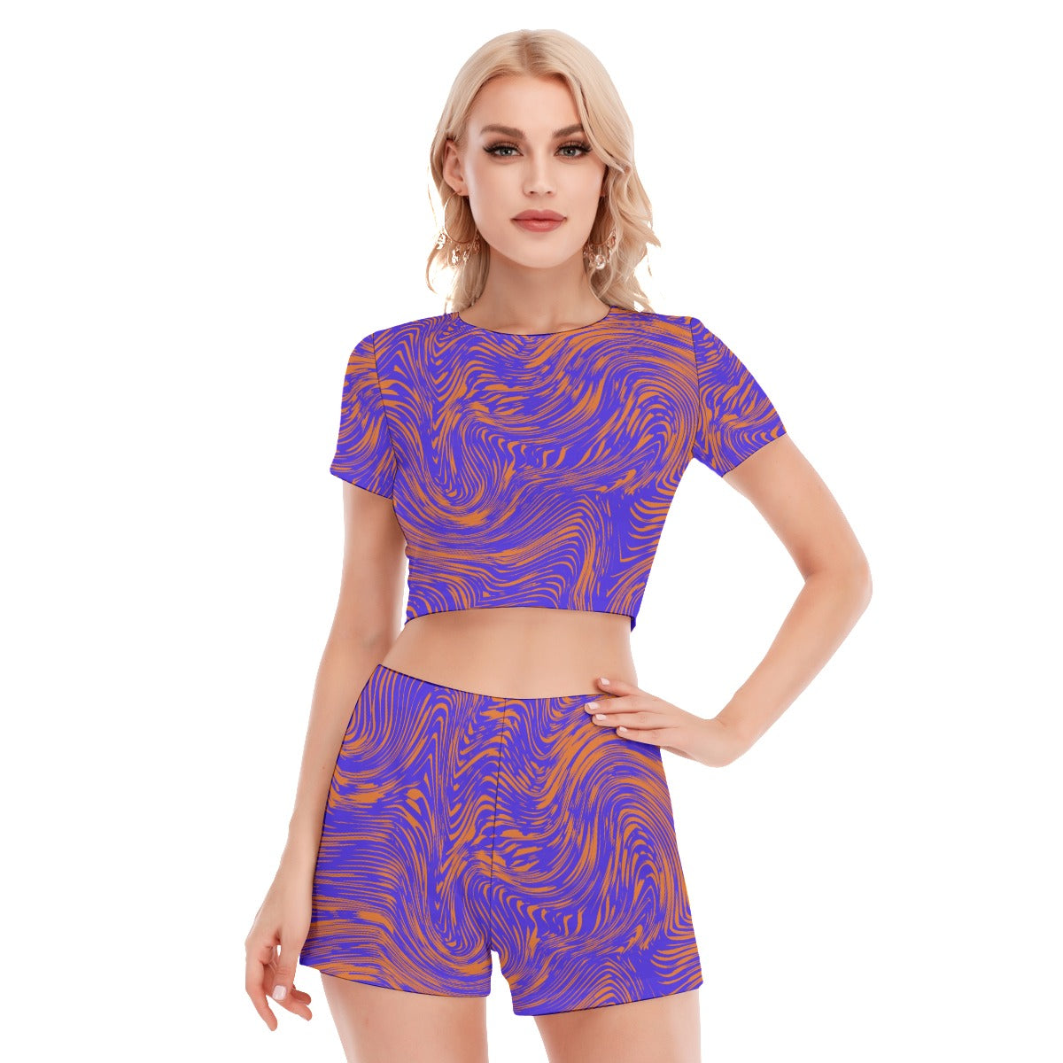 Orange & Blue Wavy Baby  Women's Short Sleeve Cropped Top Shorts Suit