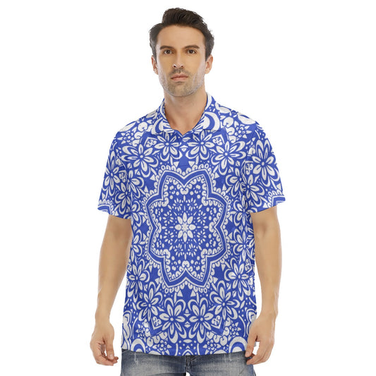 Blue Ethnic Flowers Men's Polo Shirt | Velvet