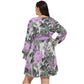 Beautiful Elegant Purple Roses Women's V-neck Dress With Waistband (Plus Size)