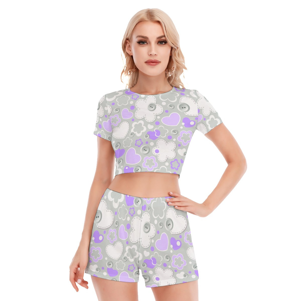 Purple Hearts & Flowers Women's Short Sleeve Cropped Top Shorts Suit