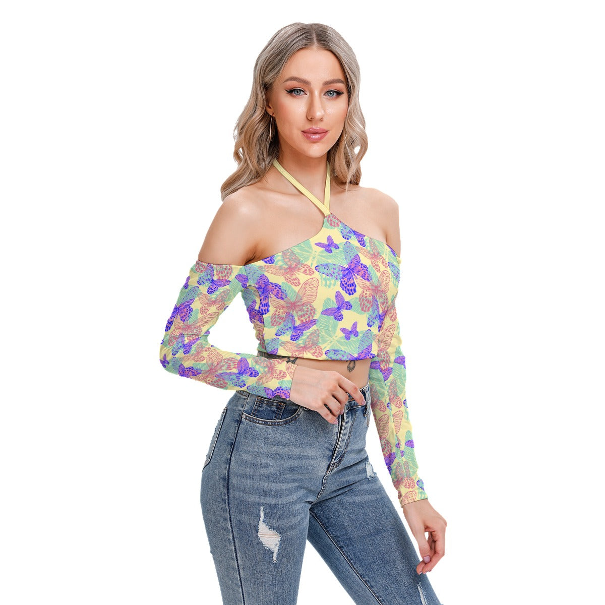 Colorful Butterflies Women's Halter Lace-up Top