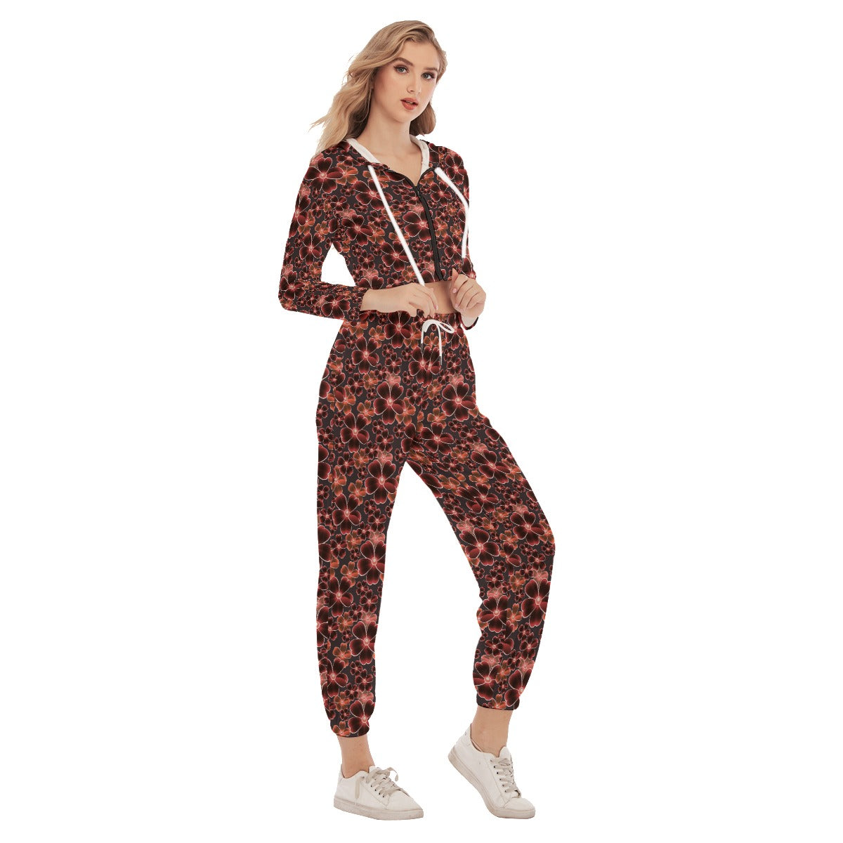 Red Flowers Women's Crop Hoodie Sports Sets