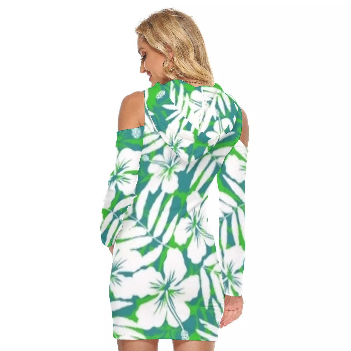 Green & White Tropical Flowers Hooded Tight Dress