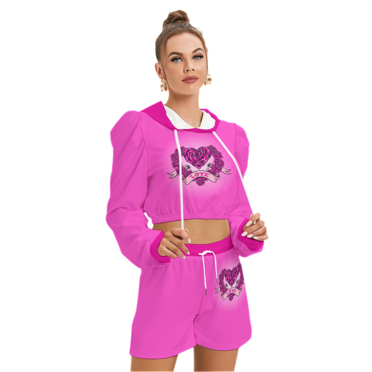 Pink Heart With Roses Women's Mirco Fleece Hoodie And Shorts Set