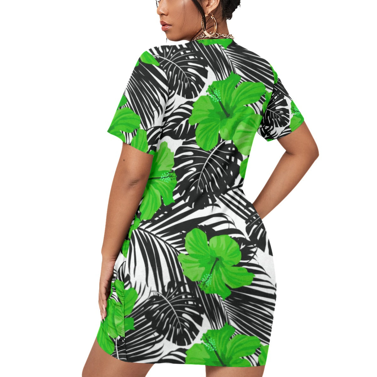 Tropic Flowers Women’s Stacked Hem Dress With Short Sleeve（Plus Size）