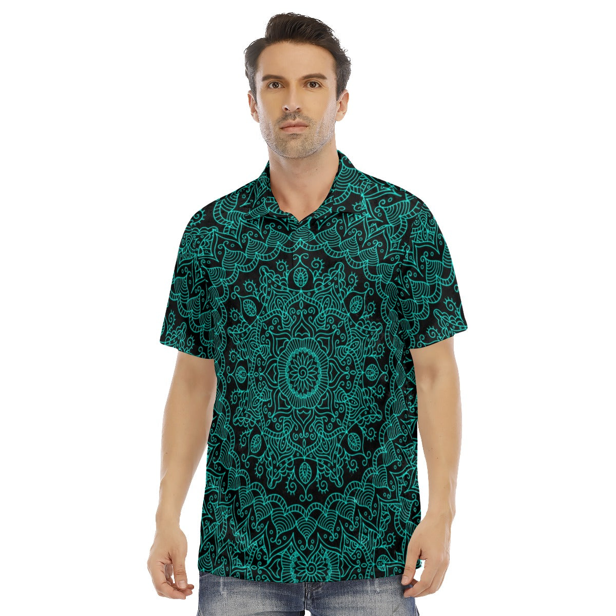 Black & Teal Kingdom Men's Polo Shirt | Velvet