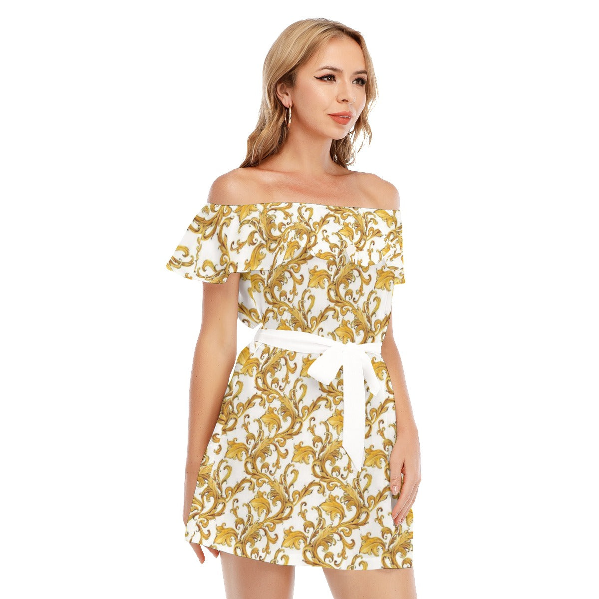 Golden Flowers White Off-shoulder Dress With Ruffle