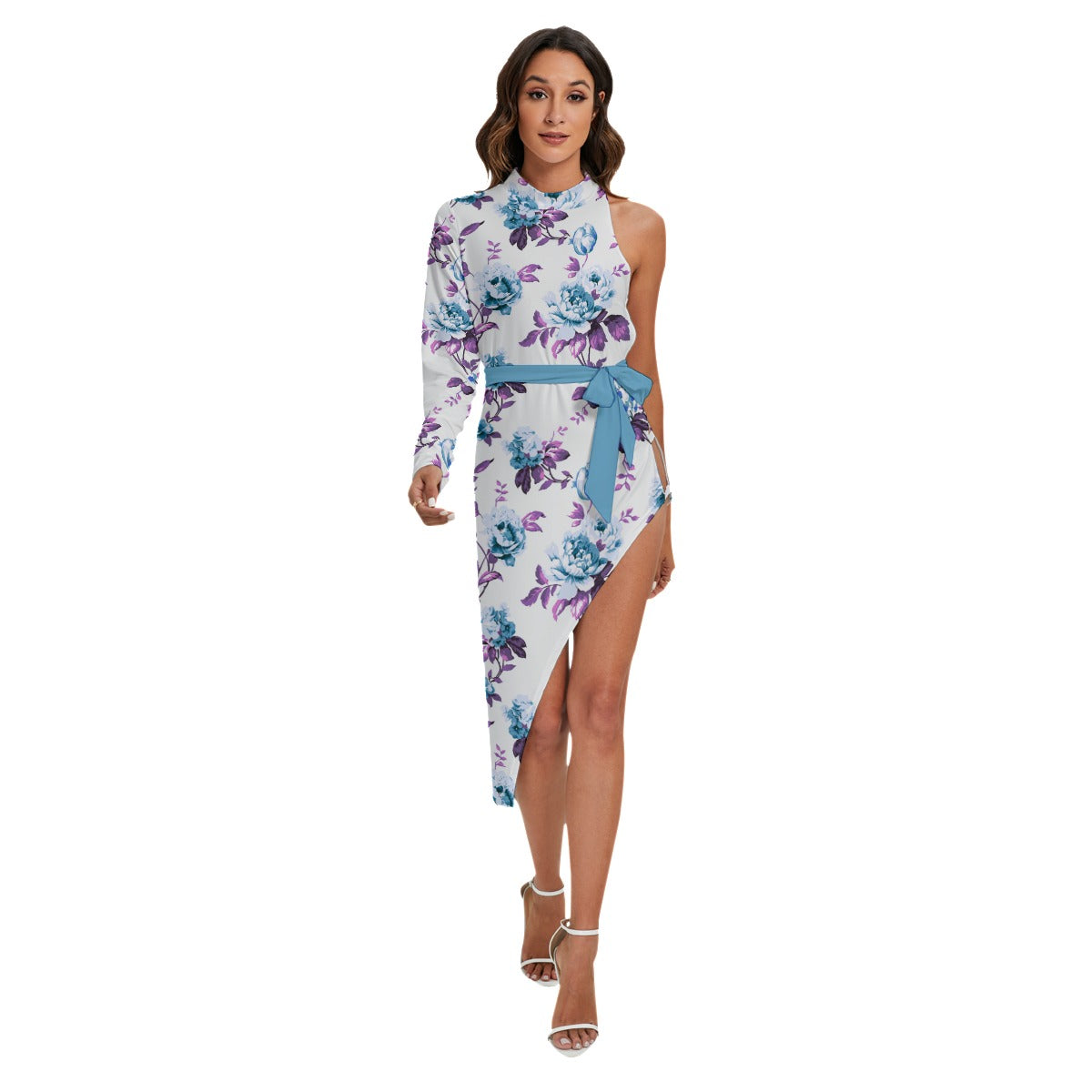 Light Blue Roses Women's Side Cutout Dress