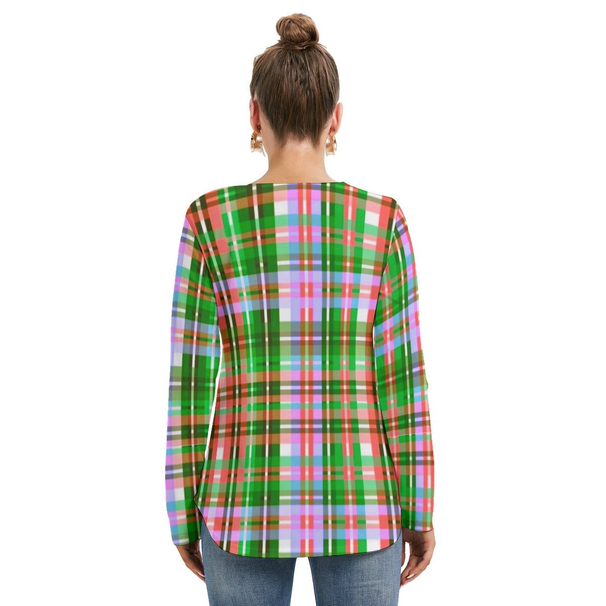 Women's Long Sleeve Colorful Plaid Neckline Tie Sweatshirt