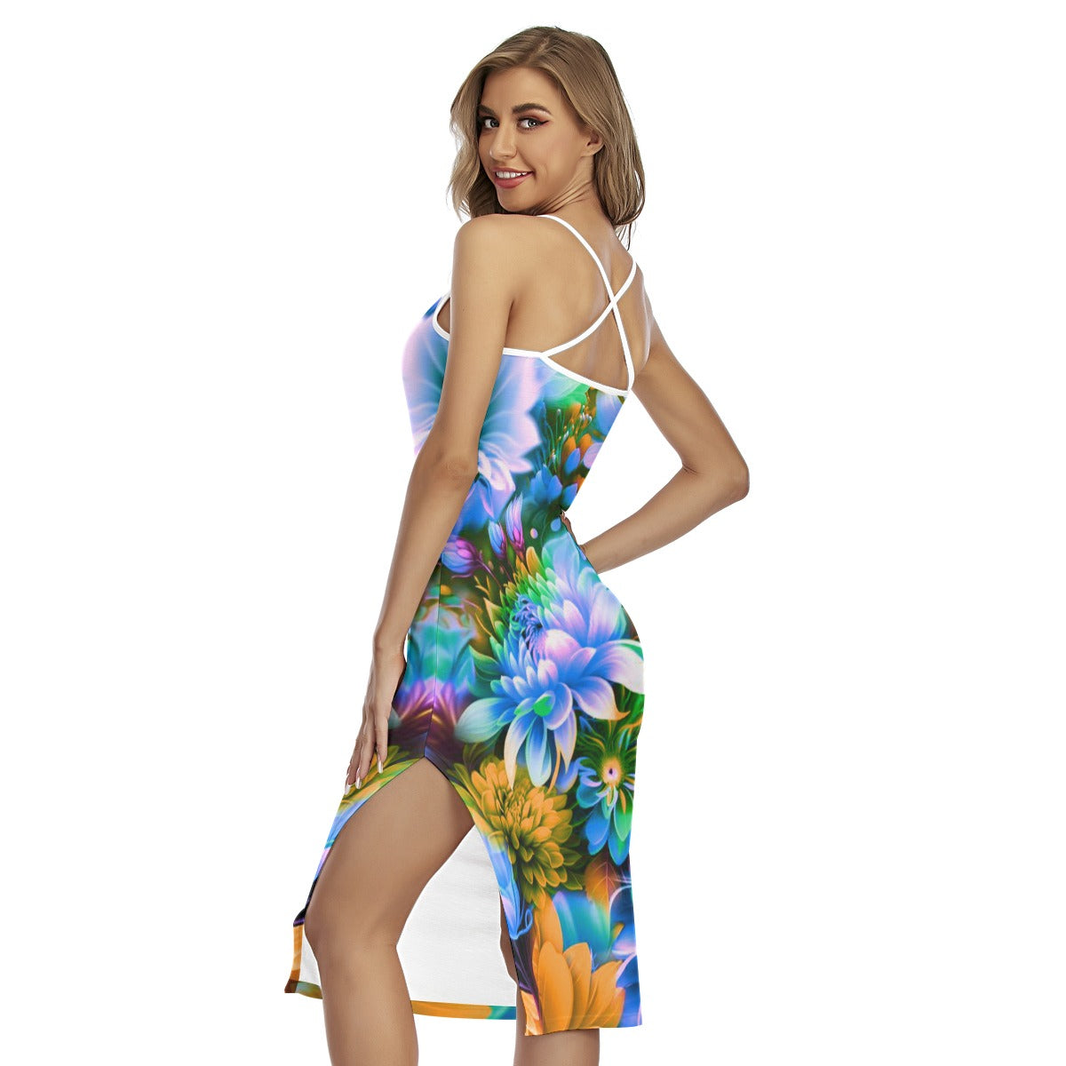 Women's Beautiful Flowers Back Cross Cami Dress