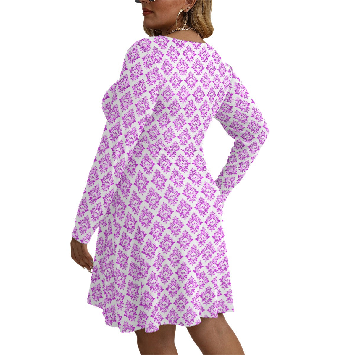 Royalty Made Purple & White Women's V-neck Long Sleeve Dress (Plus Size)