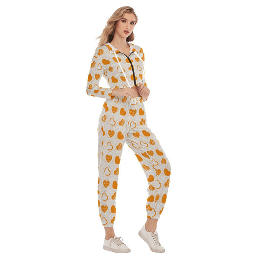 Cute Orange Hearts Women's Crop Hoodie Sports Sets