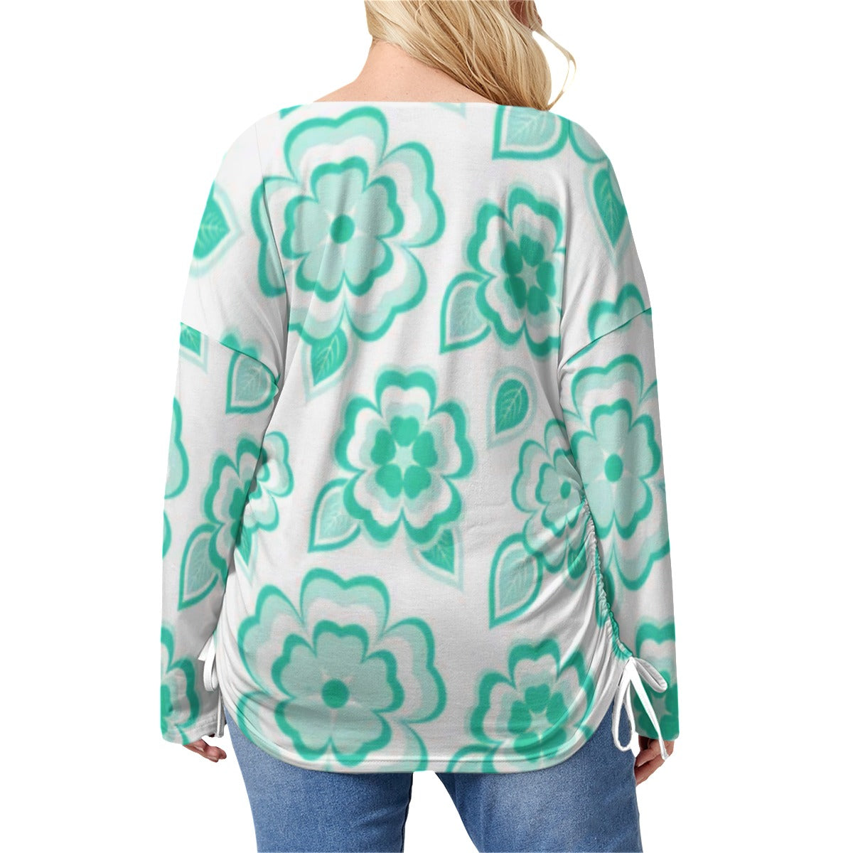 Green Sakura Flowers & Leaves Women’s V-neck T-shirt With Side Drawstring(Plus Size)