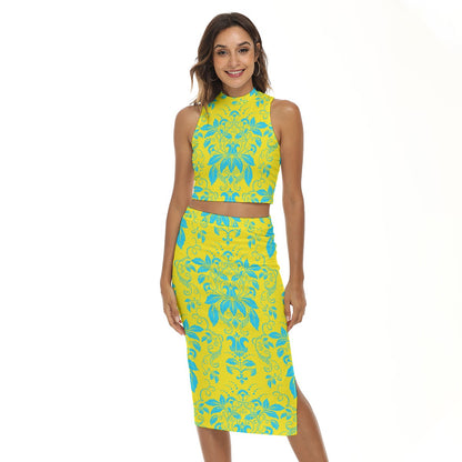 Blue With Yellow Vintage Flowers Women's Tank Top & Split High Skirt Set