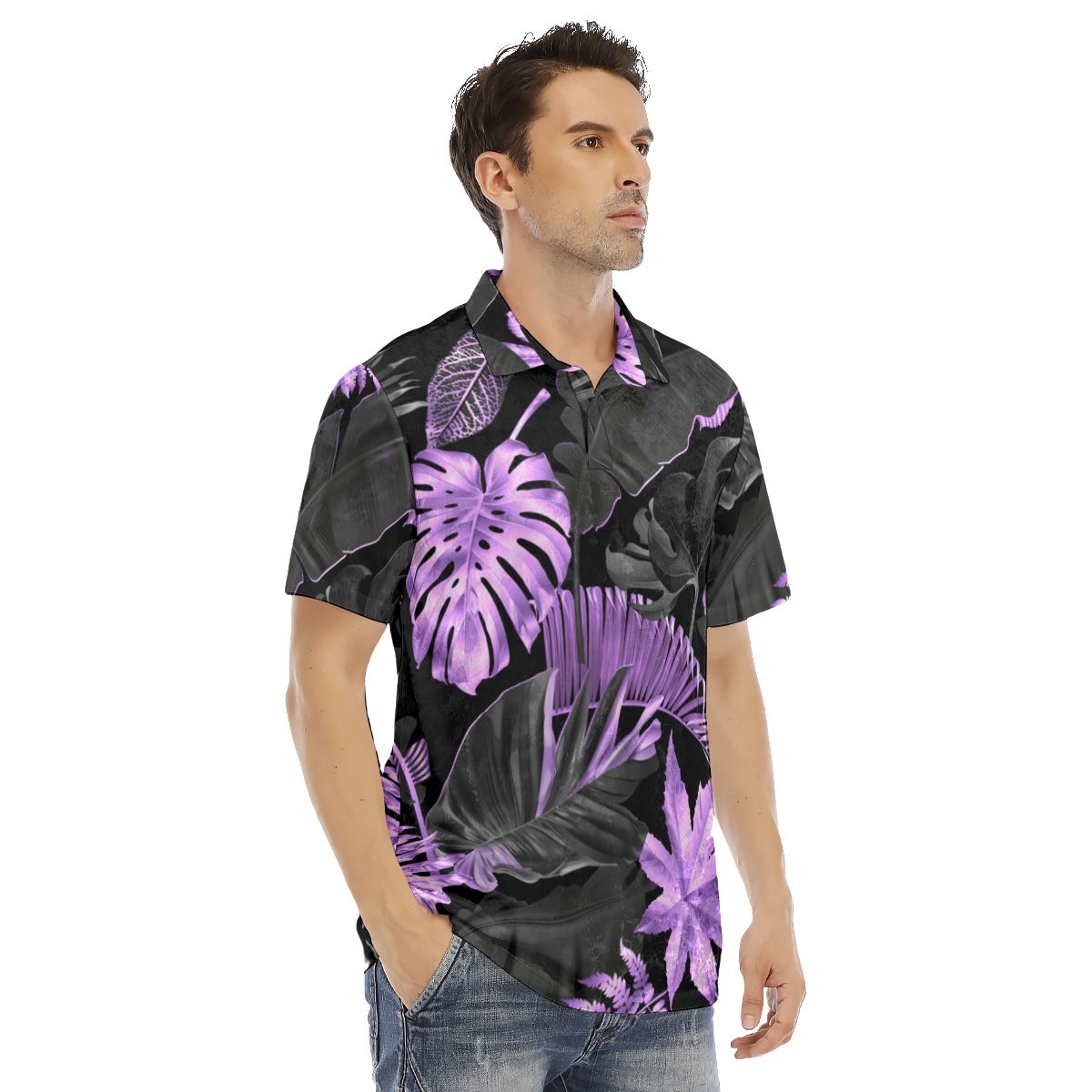 Purple & Black Tropical Leaves Men's Polo Shirt | Velvet