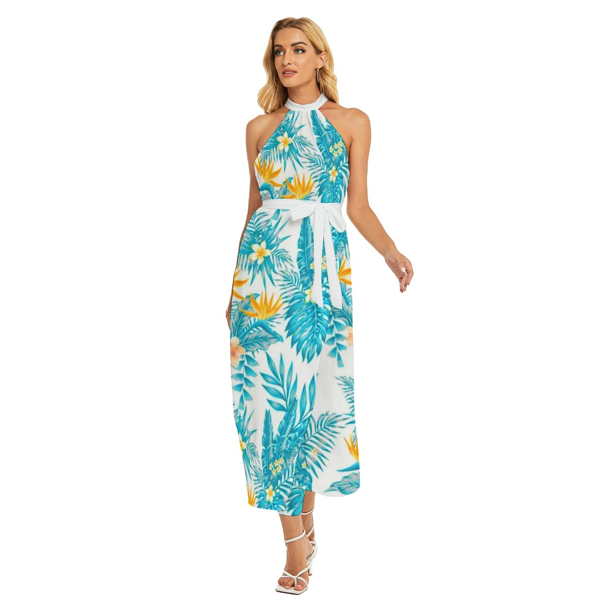 Exotic Flowers Women's Wrap Hem Belted Halter Dress