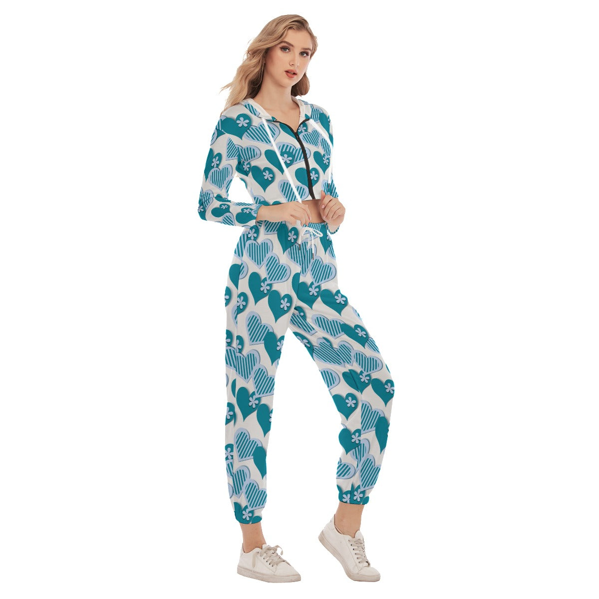 Cute Teal Hearts Women's Crop Hoodie Sports Sets