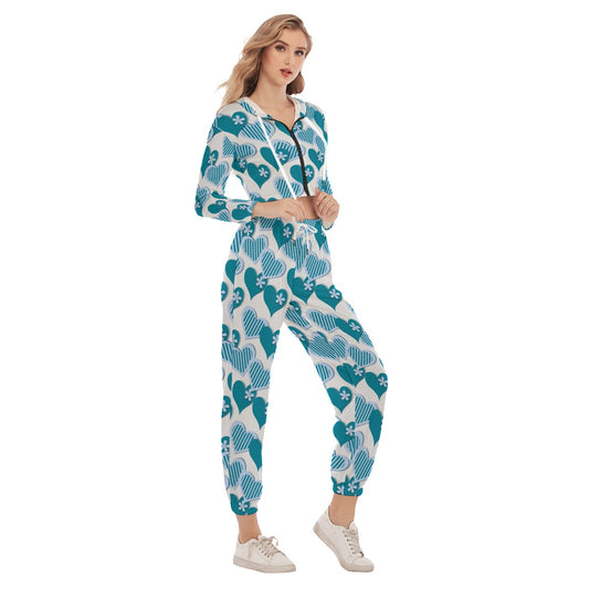 Cute Teal Hearts Women's Crop Hoodie Sports Sets