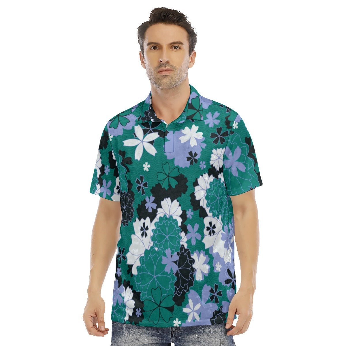 Japanese Style Flowers Men's Polo Shirt | Velvet