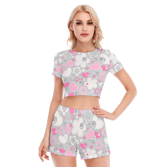 Pink Hearts & Flowers Women's Short Sleeve Cropped Top Shorts Suit