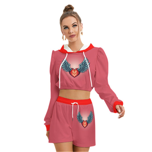 Cute Heart Love With Wings Women's Mirco Fleece Hoodie And Shorts Set