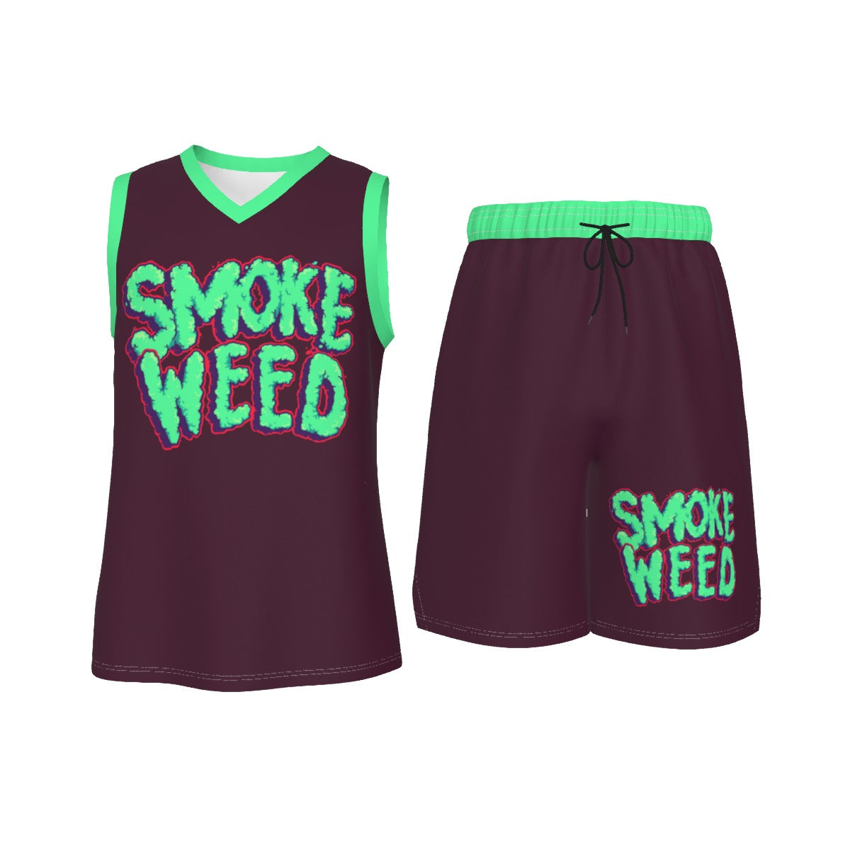 Maroon & Teal Smoke Weed Stoners Only Men's V Neck Basketball Suit