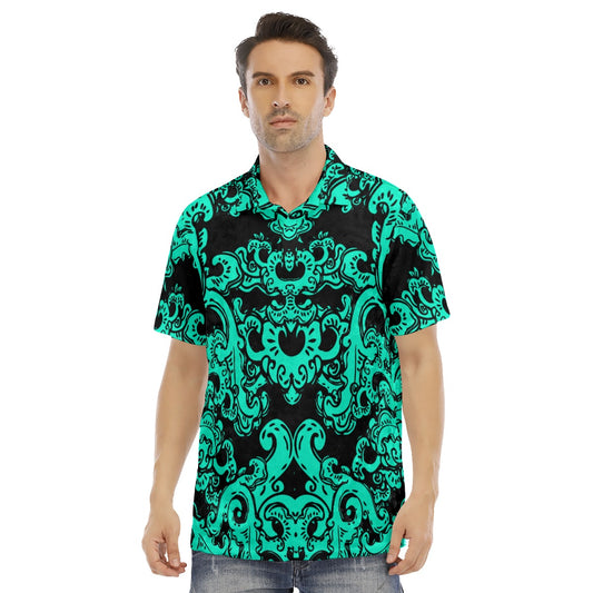 Teal & Black Baroque Pattern Men's Polo Shirt | Velvet